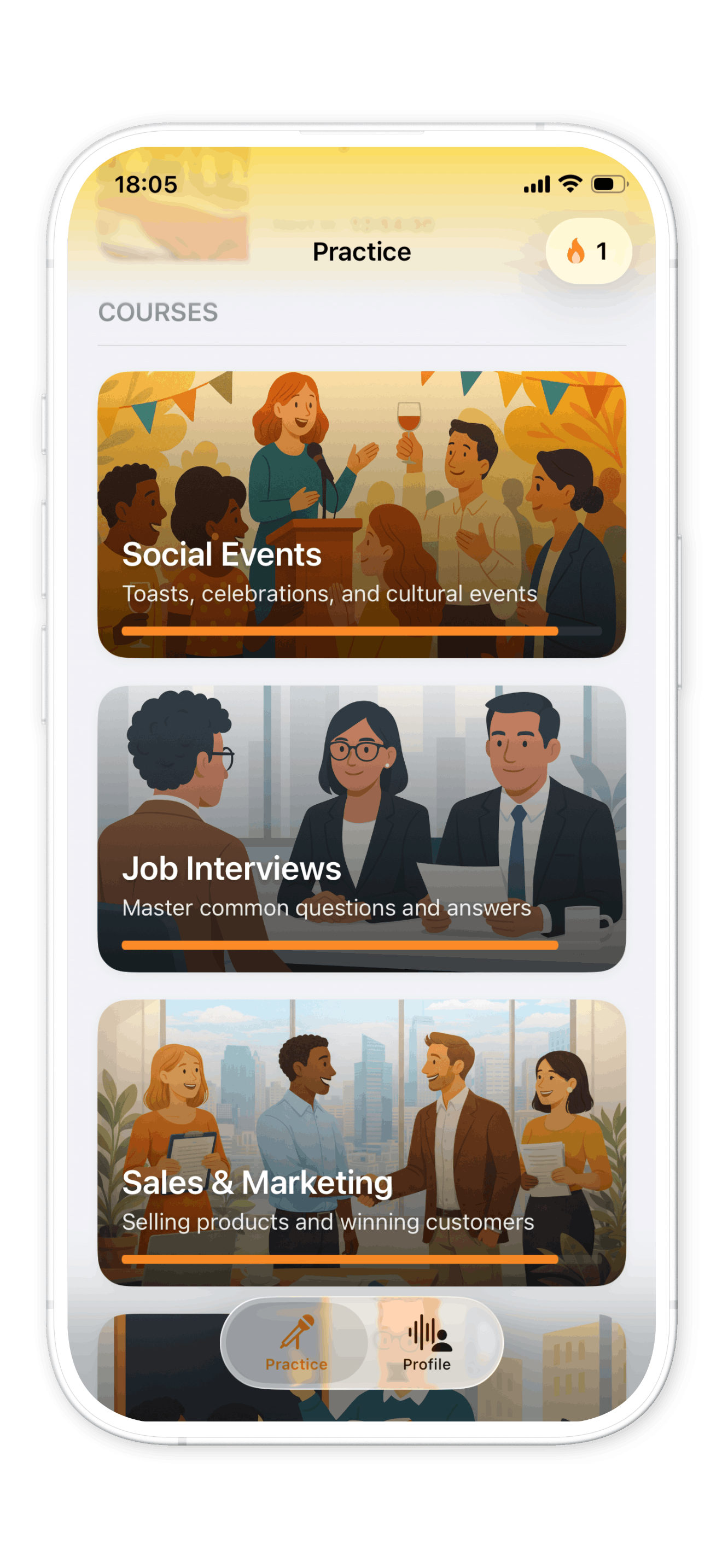 Babli app showing public speaking courses.