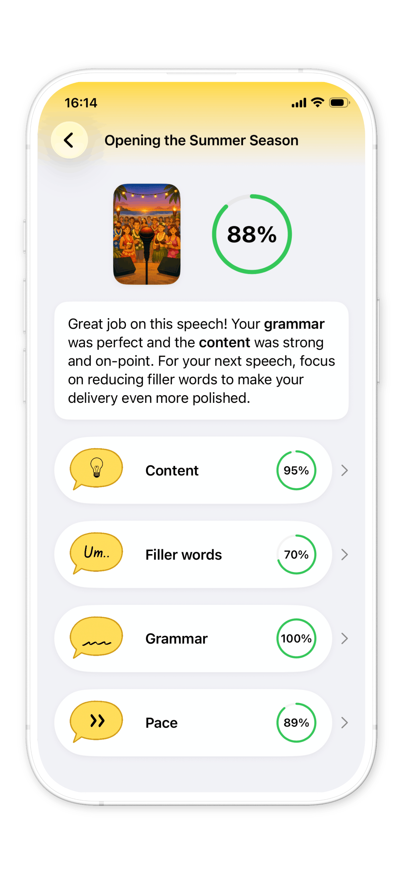 Babli app showing AI feedback for a speech.